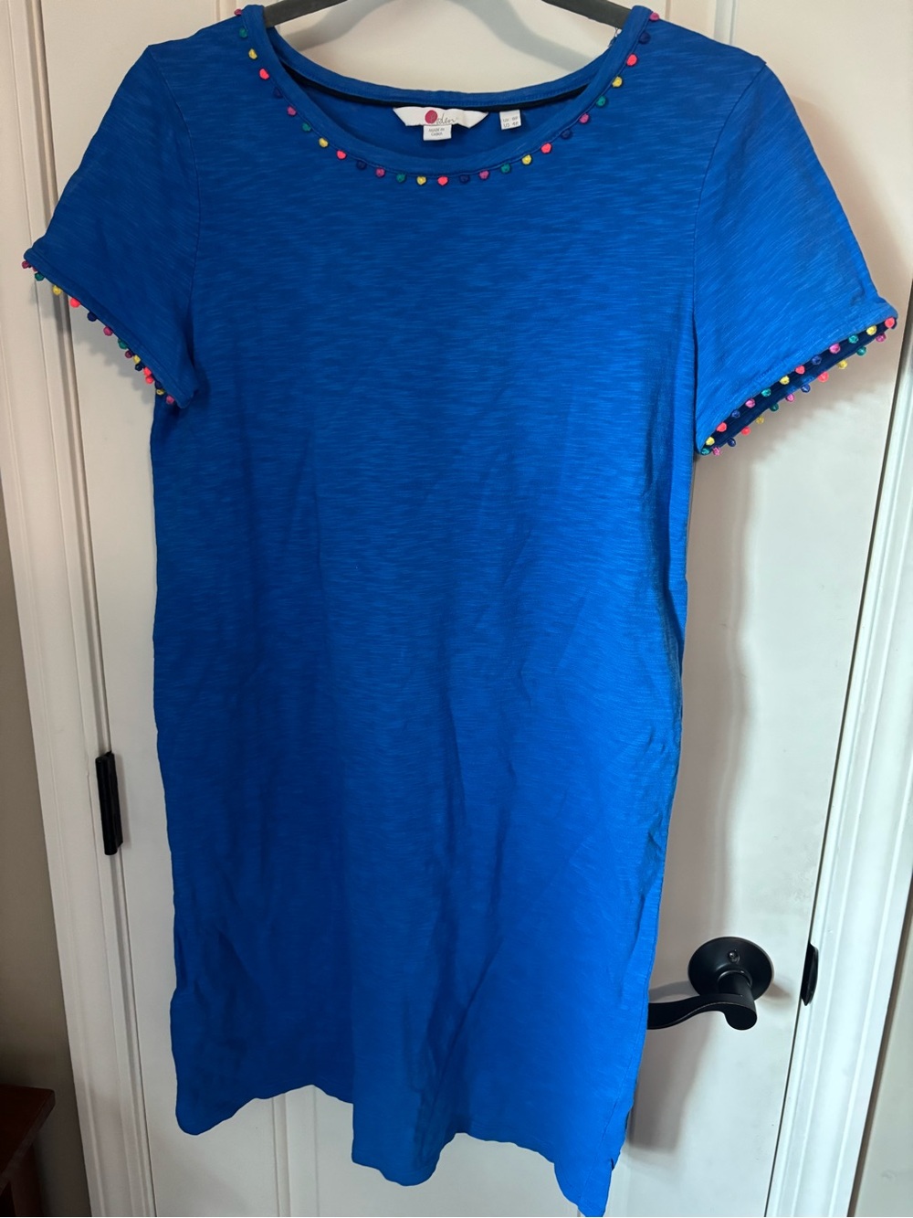 Boden Bright Blue Knit Dress with Multicolor Pom Trim Size 8